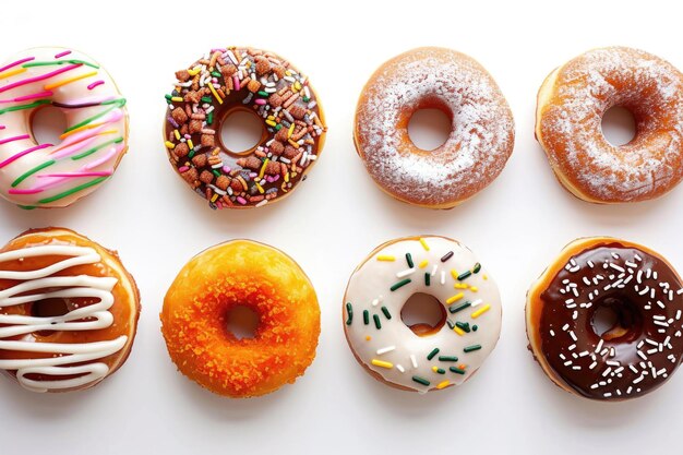 Delicious donuts arranged on a pristine white surface