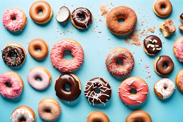 Delicious donuts on light blue background