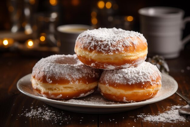 Delicious donuts with powdered sugar on wooden table