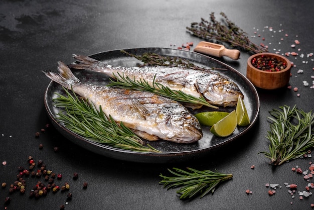 Delicious dorado baked on a grill with spices and herbs. Dorado cooked on about