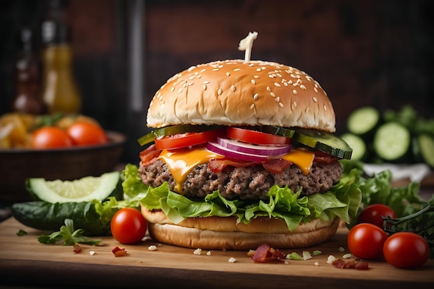 Foto delizioso doppio hamburger con cetrioli al bacon di manzo.