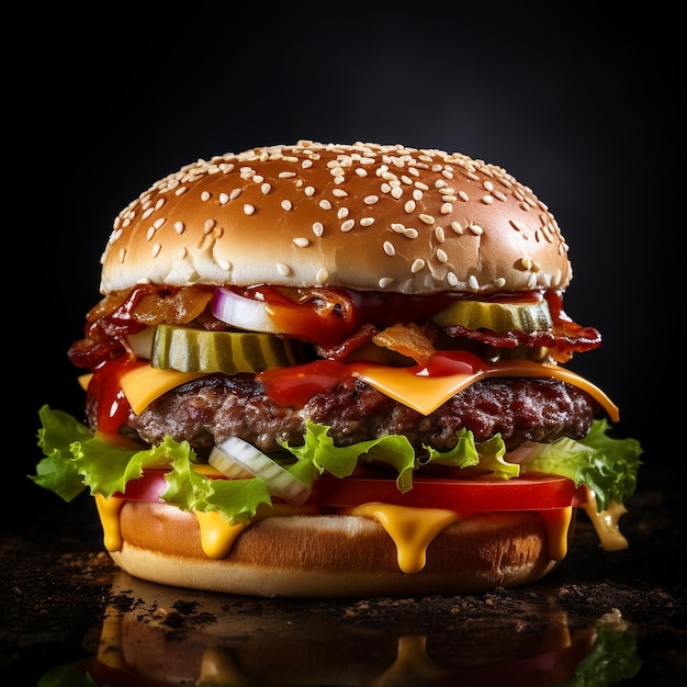 Delicious double patty cheese burger on black background