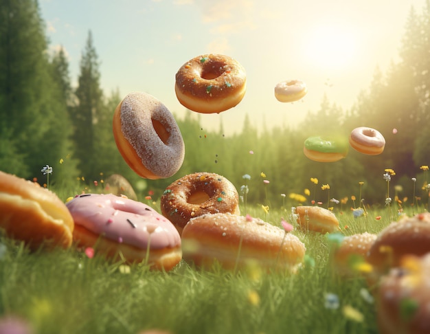 Photo delicious doughnuts scattered on a meadow with wildflowers in the forest