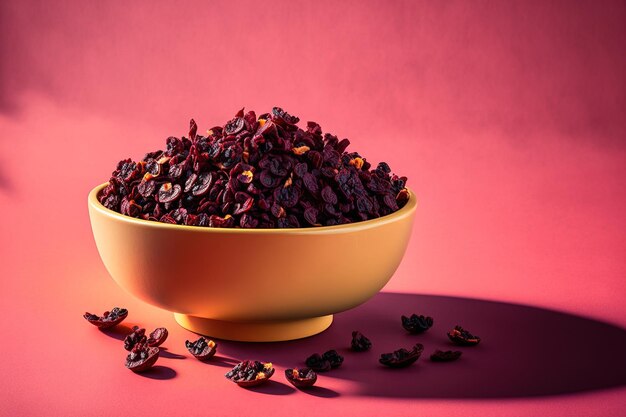 Delicious dried cranberries in a bowl against a colored background