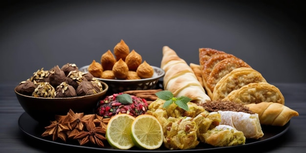 Delicious Dried Fruits, Nuts, Dates, and Baklava on Black Background