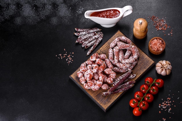 Delicious dry sausage with walnuts on a concrete table dry\
cured fuet sausage on a dark background