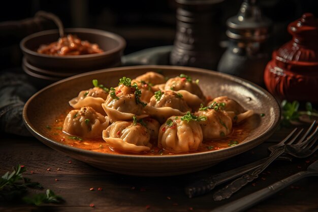 Delicious dumplings in the pot on the table Neural network AI generated