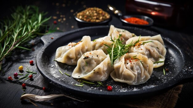 Delicious Dumplings With Rosemary And Spices On A Dark Stone Background