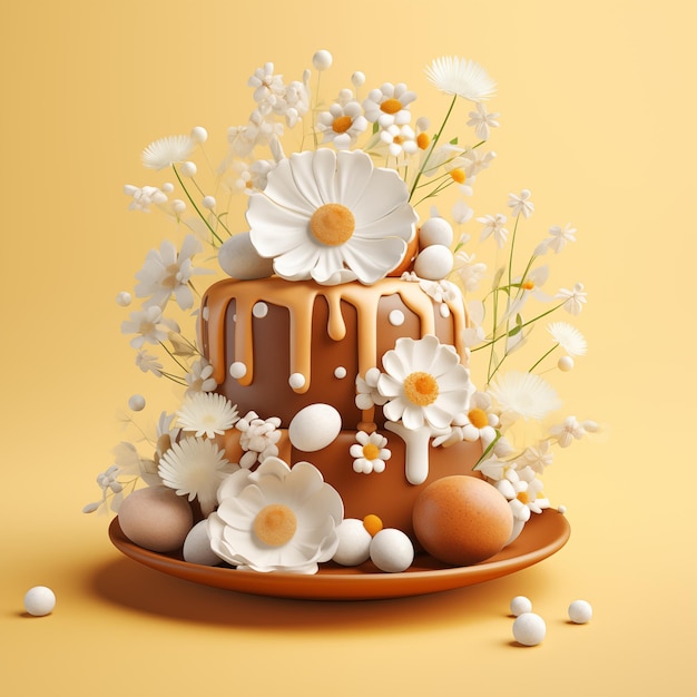 Вкусный пасхальный торт с яйцами и весенними цветами 3D-иллюстрация на желтом фоне