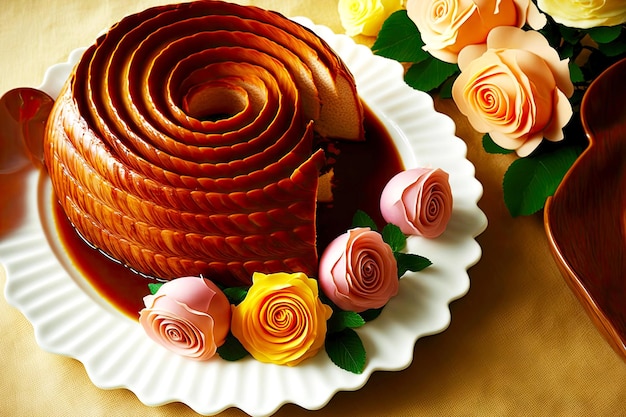 Delicious Easter ham roll on plate decorated with flowers