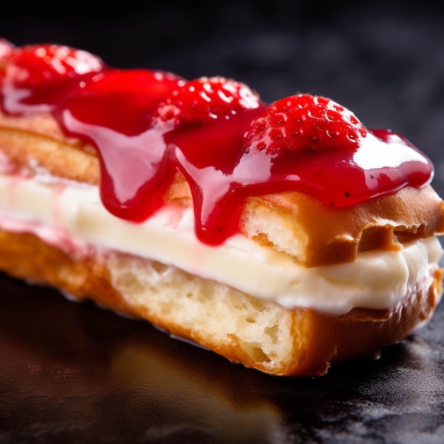 Delicious eclairs with strawberry jam on a black background