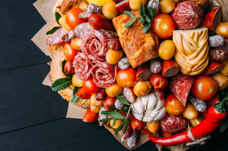 Фотография вкусный съедобный букет сосисок, помидоров, сыра, подарок для человека.