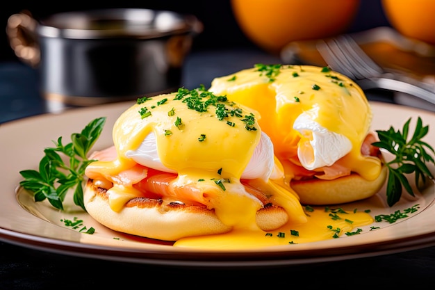 A delicious eggs benedict with smoked salmon hollandaise sauce on wooden table