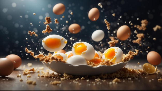 Delicious eggs floating in the air cinematic food professional photography