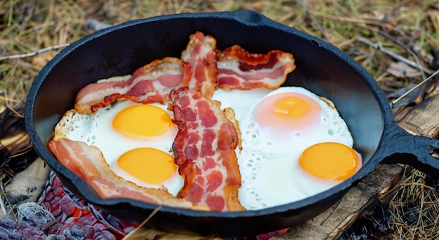 delicious eggs with bacon cooking with firewood