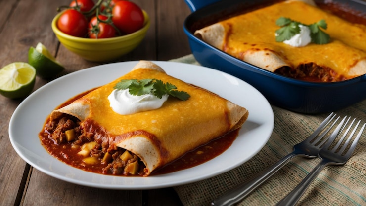 Photo delicious enchiladas topped with cheese salsa and fresh toppings