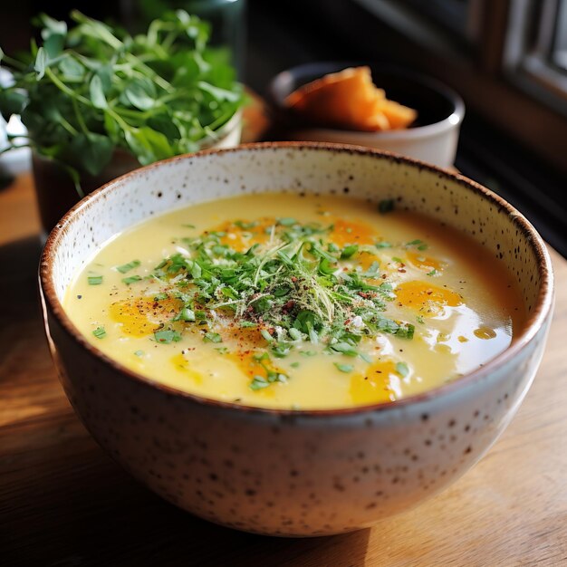 Photo delicious english bitter soup on a wooden table