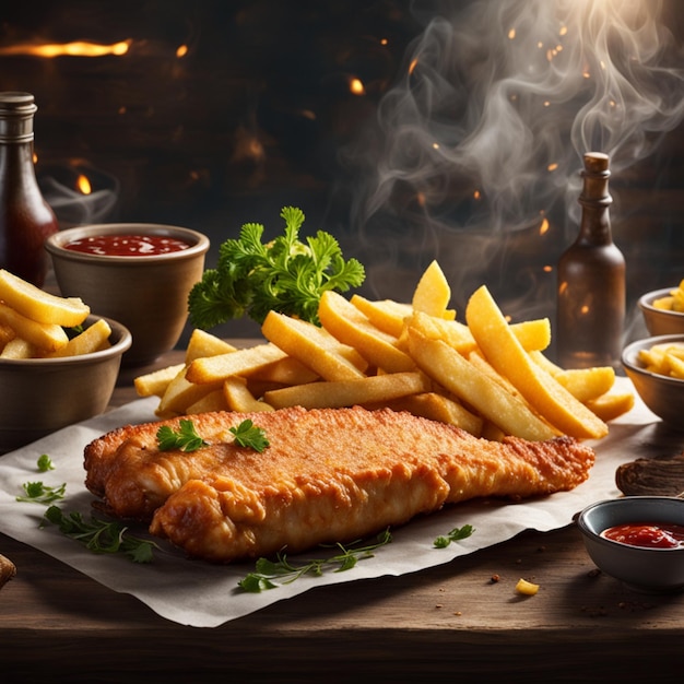 Photo delicious english fish and chips classic dish enjoyed for centuries cinematic ads photography