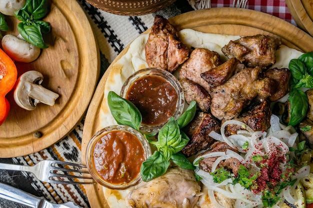 Delicious European and Slavic cuisine on the big table waiting for guests. table with food and top view