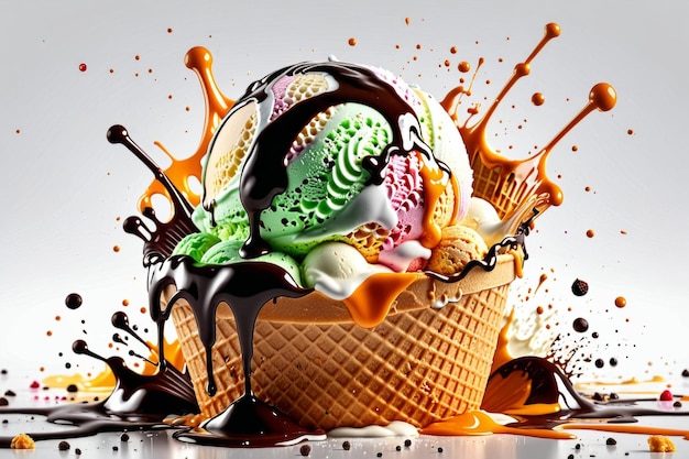 A delicious explosion of ice cream on a light background