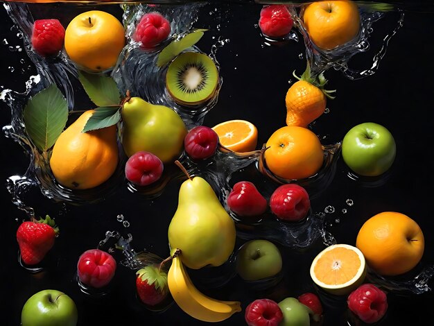 Delicious falling fruit composition background apples oranges and other fruits with water