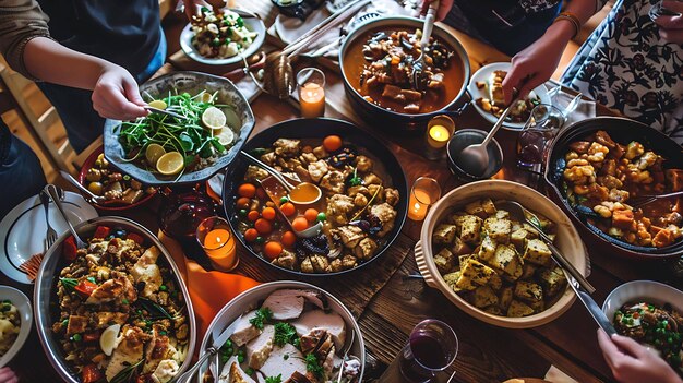 A delicious feast is laid out on a wooden table There are many different dishes to choose from including roasted meats vegetables and salads