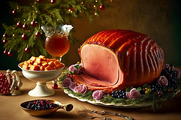 Photo delicious festive dish glazed easter ham decorated with flowers and vegetables on table