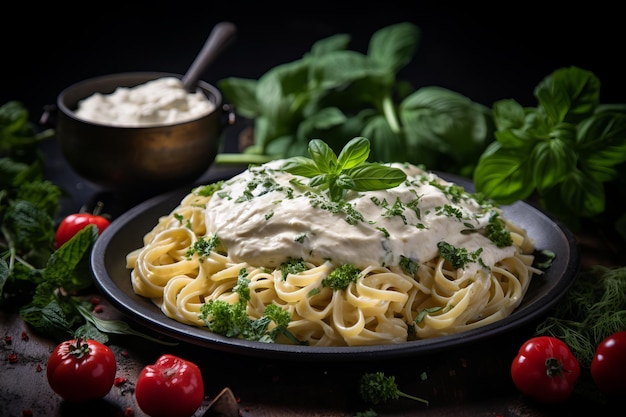 Delicious fettuccine alfredo mouthwatering italian pasta dish with creamy sauce and copy space