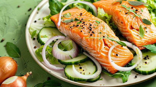 Photo delicious fillet salmon cucumber onion green salad on green background generative ai