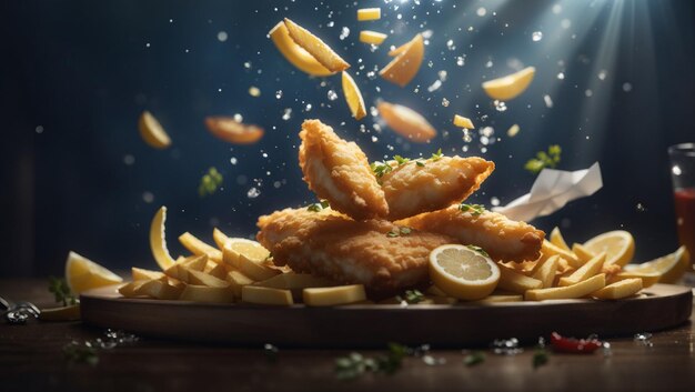 Delicious Fish and Chips floating in the air