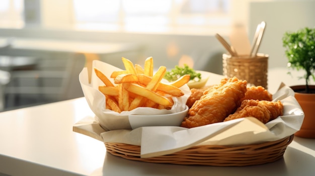 Delicious Fish and Chips Food Combination Photorealistic Horizontal Illustration Traditional English Seafood Dish Ai Generated bright Illustration with Delicious Aromatic Fish and Chips