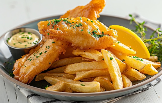 Delicious Fish and Chips Served on a SkyBlue and Gray Plate