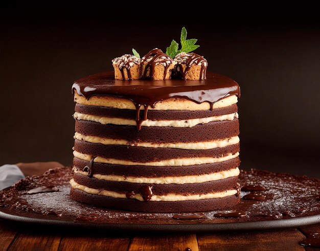 사진 녹은 초콜릿 조각과 함께 맛있는 다섯 개의 스택 케이크