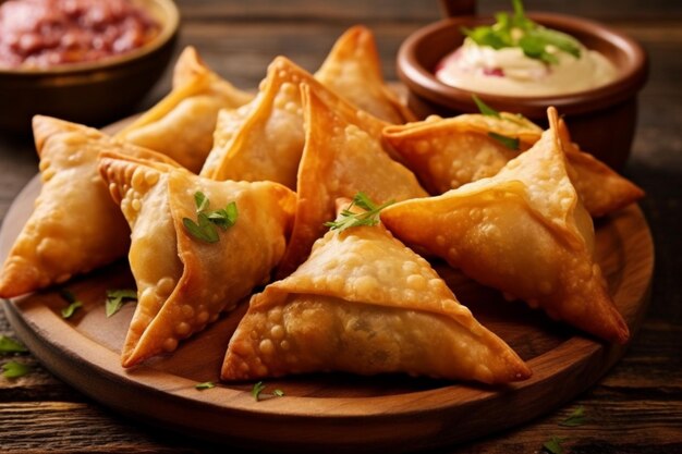 Delicious and flavorful meat samosas on a wooden backdrop