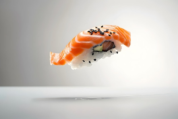 Foto delicious floating sushi salmon slice met sesam op een minimalistische witte achtergrond
