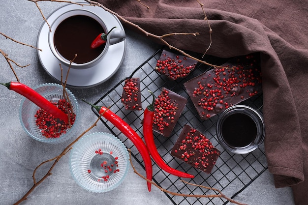 Delicious food chocolate with pepper and hot chocolate with pepper