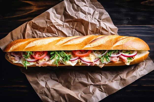 Photo delicious food composition featuring a rustic baguette filled with ham and cheese on a wooden background