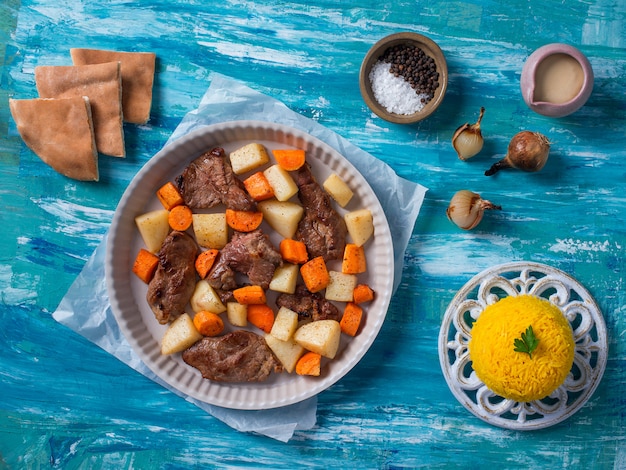 사진 푸른 나무 테이블, 평면도에 맛있는 음식