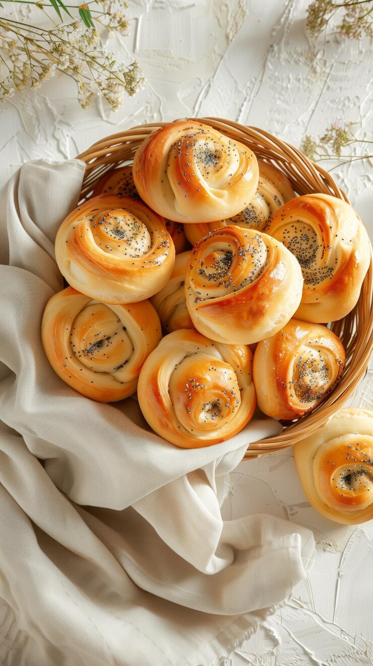 Фотография вкусные ароматные рулоны с маковыми семенами в корзине на яркой кухне домашние булочки, выпеченные для поездок