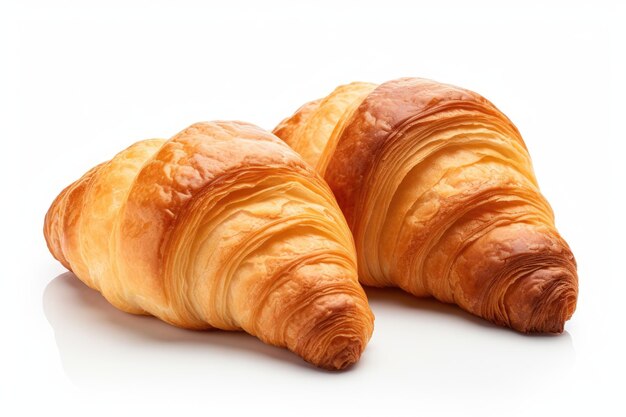 Delicious French croissant freshly baked and cut in half isolated on white