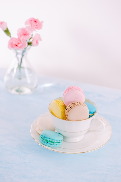 Delicious french dessert. Colorful pastel cake macaron or macaroon