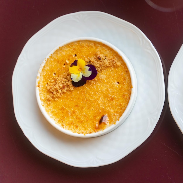 Delicious french dessert creme brulee caramelised crust crema catalana