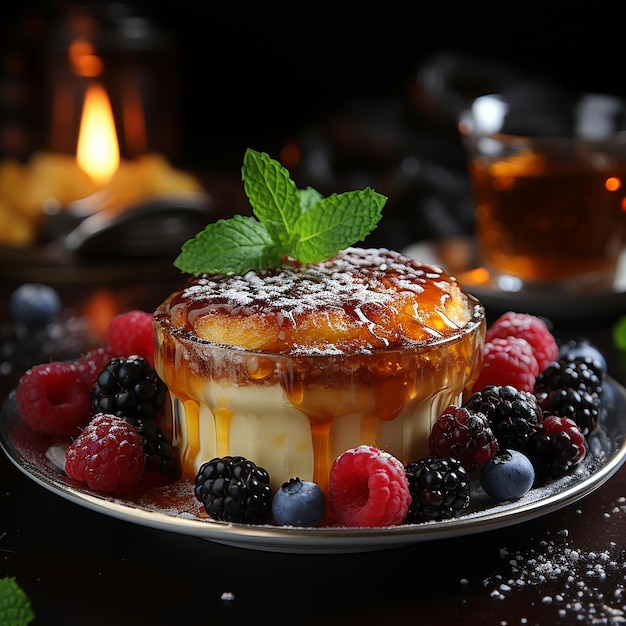 A delicious French dessert such as creme brulee which is golden and crisp on the outside and soft