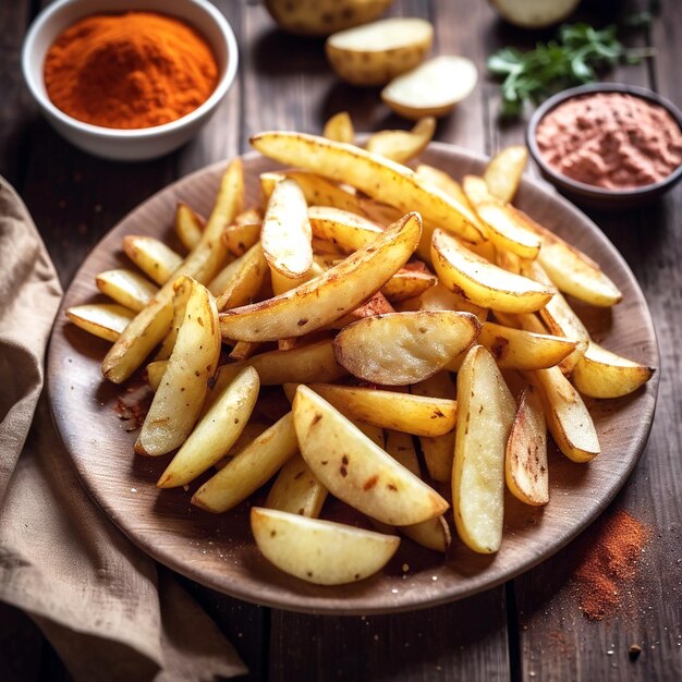 Delicious French Fried Mix met chilly poeder op houten tafel