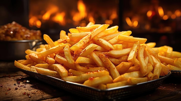 Delicious french fries crunchy salty tasty with blur background