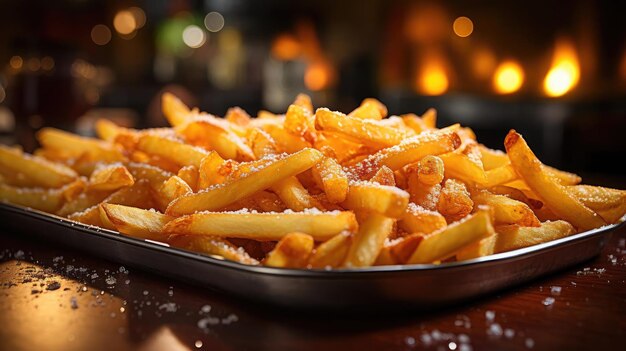 Delicious french fries crunchy salty tasty with blur background