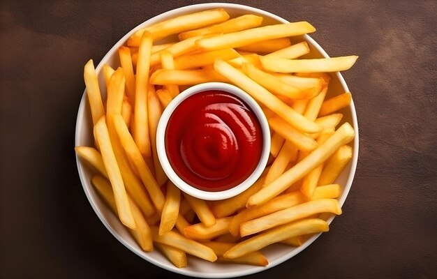 delicious french fries with ketchup on white plate on dark backg