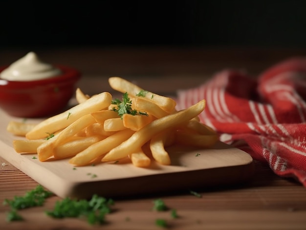 Delicious French Fries with Mayonnaise and Parsley for Garnish in a Wooden Placemat