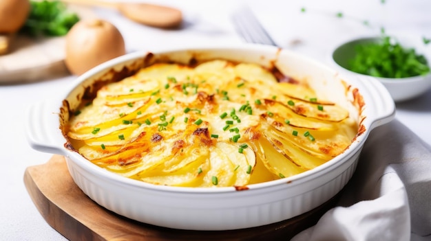 Photo delicious french gratin dauphinois creamy potato bake on white background ai generated