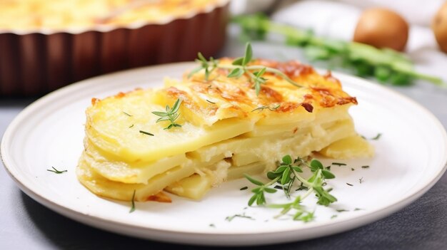 フランスのグレーティン・ドーフィノー (French Gratin Dauphinois) 白い背景のクリーミーポテト・ベイク (Creamy Potato Bake) 